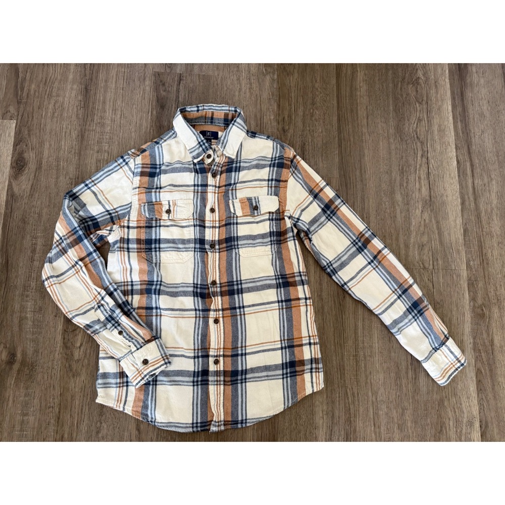 George Mens Plaid Button Down Shirt Small S Cream Tan Navy Blue‎ Flannel Cotton